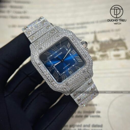 Đồng hồ Cartier Santos 39.9mm Blue Full Diamond Moisante rep 1 1